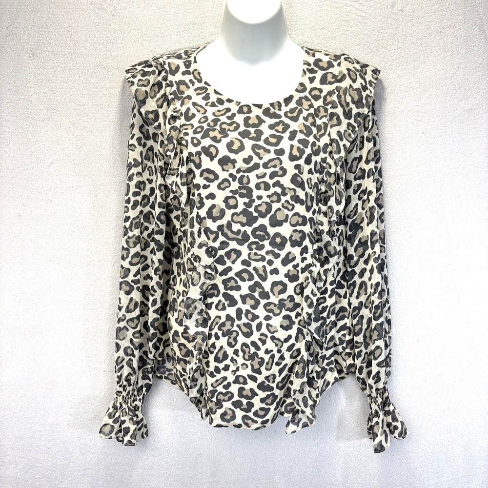Riani Leopard Print Ruffle Blouse Top Shirt Size 4 White Long Sleeve Lightweight